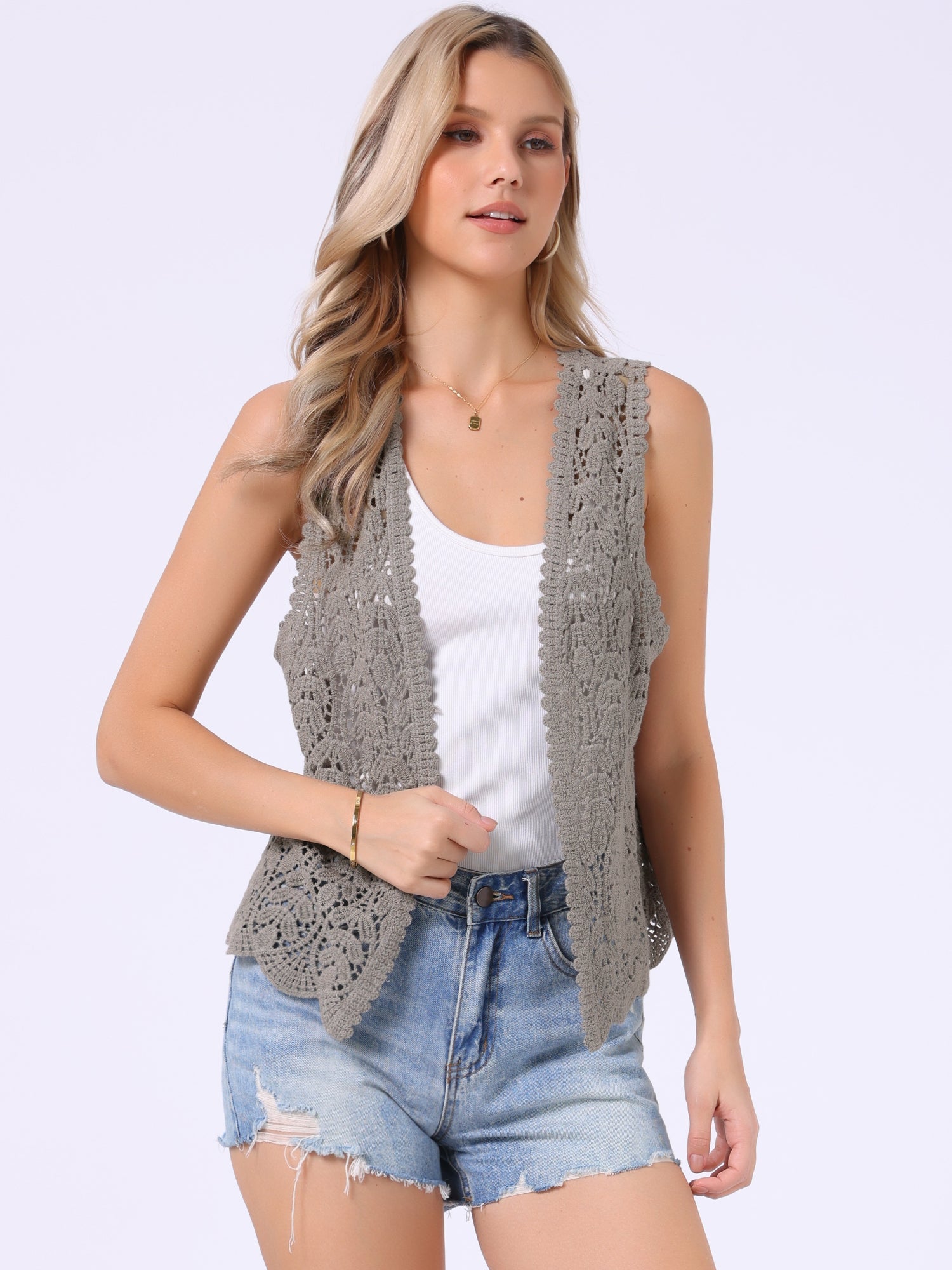 Floral Crochet Hollow Out Sleeveless Open Front Boho Vest Cardigan