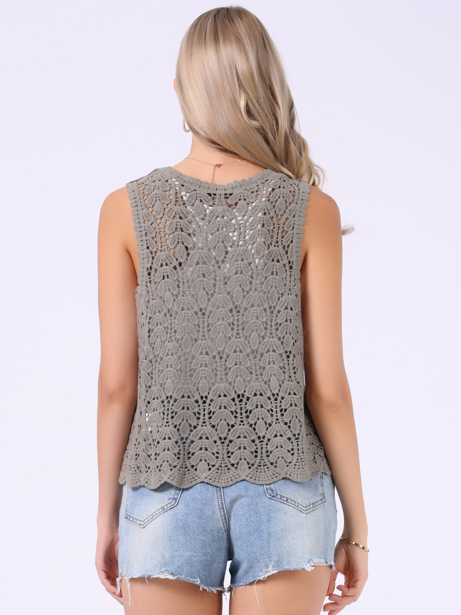 Floral Crochet Hollow Out Sleeveless Open Front Boho Vest Cardigan