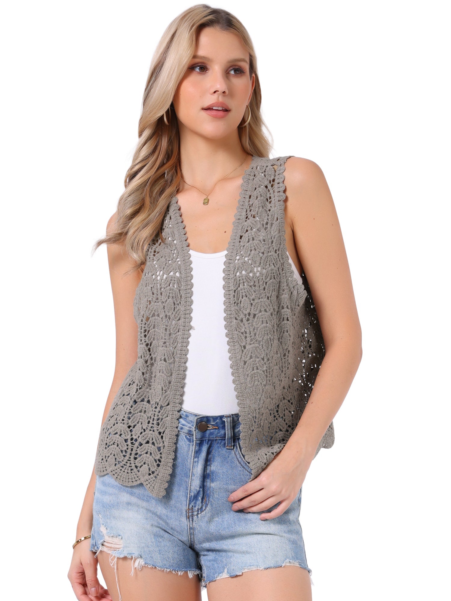 Floral Crochet Hollow Out Sleeveless Open Front Boho Vest Cardigan