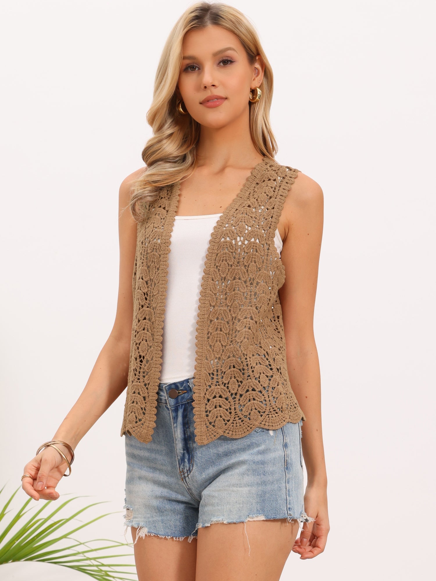 Floral Crochet Hollow Out Sleeveless Open Front Boho Vest Cardigan