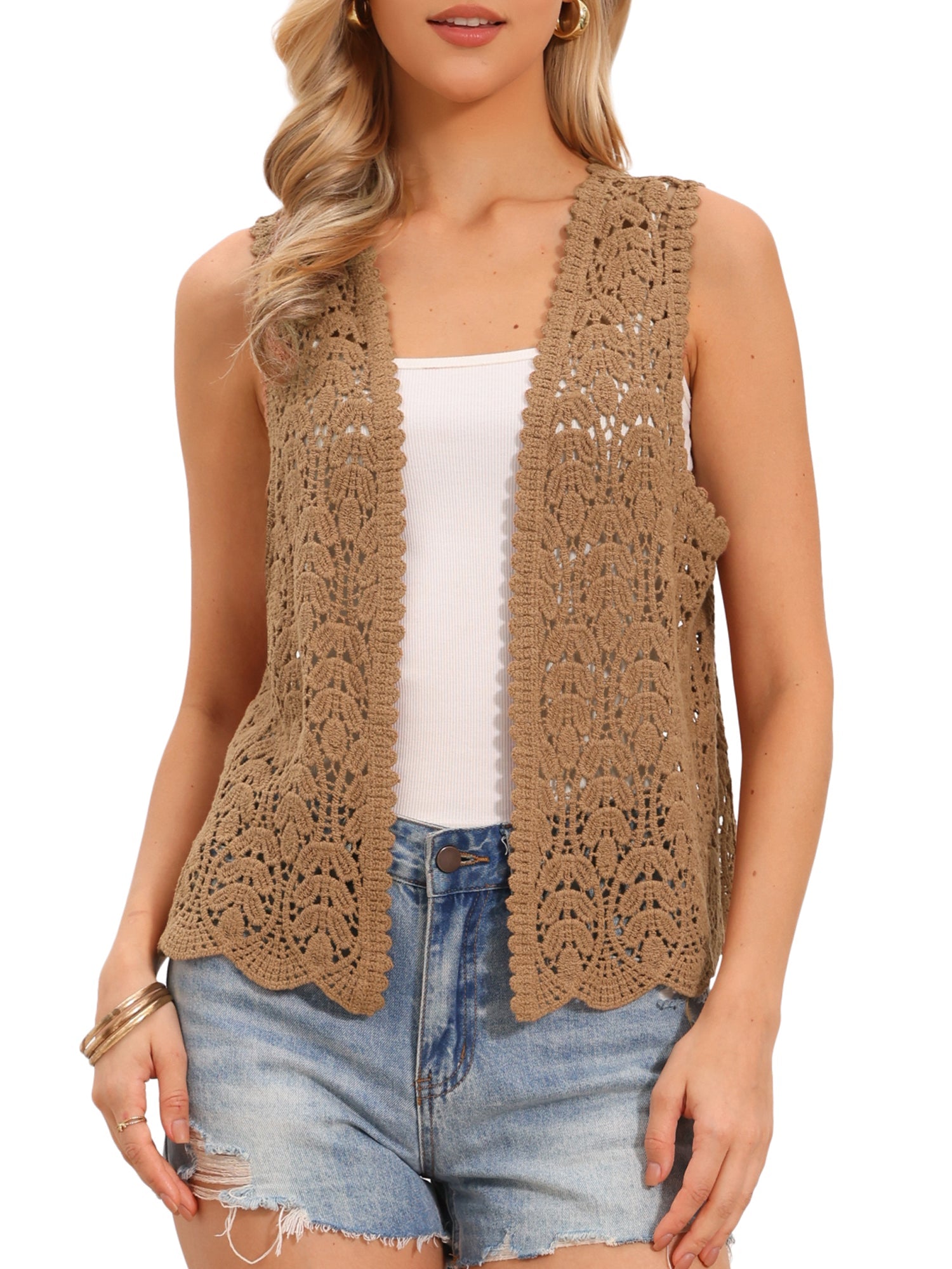 Floral Crochet Hollow Out Sleeveless Open Front Boho Vest Cardigan