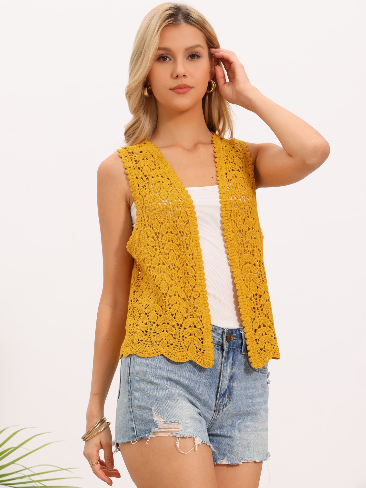 Floral Crochet Hollow Out Sleeveless Open Front Boho Vest Cardigan