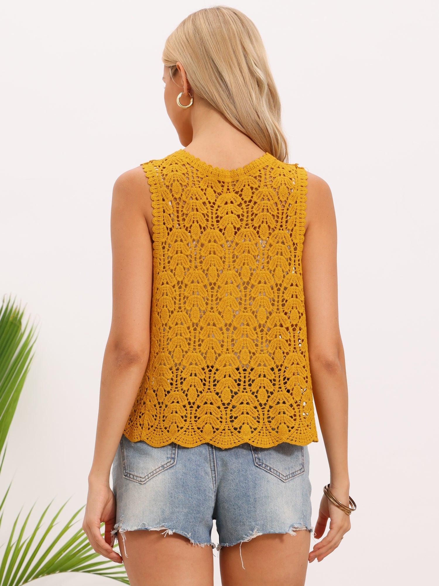 Floral Crochet Hollow Out Sleeveless Open Front Boho Vest Cardigan