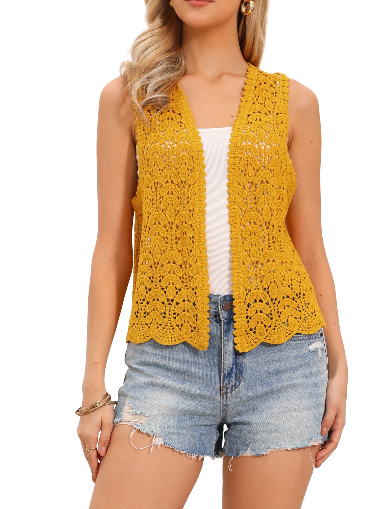 Floral Crochet Hollow Out Sleeveless Open Front Boho Vest Cardigan