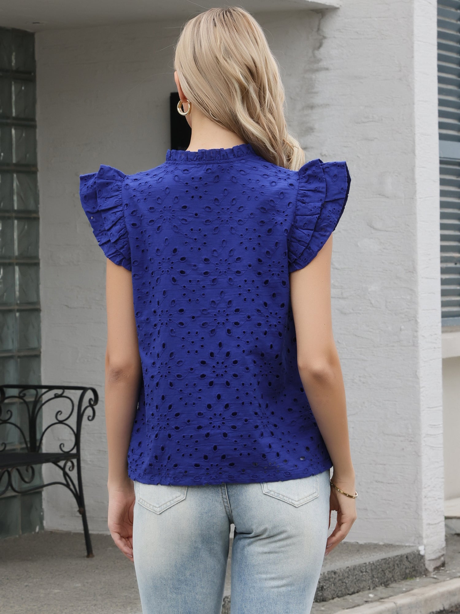 Eyelet Cotton Notch Neck Ruffle Cap Sleeve Blouse