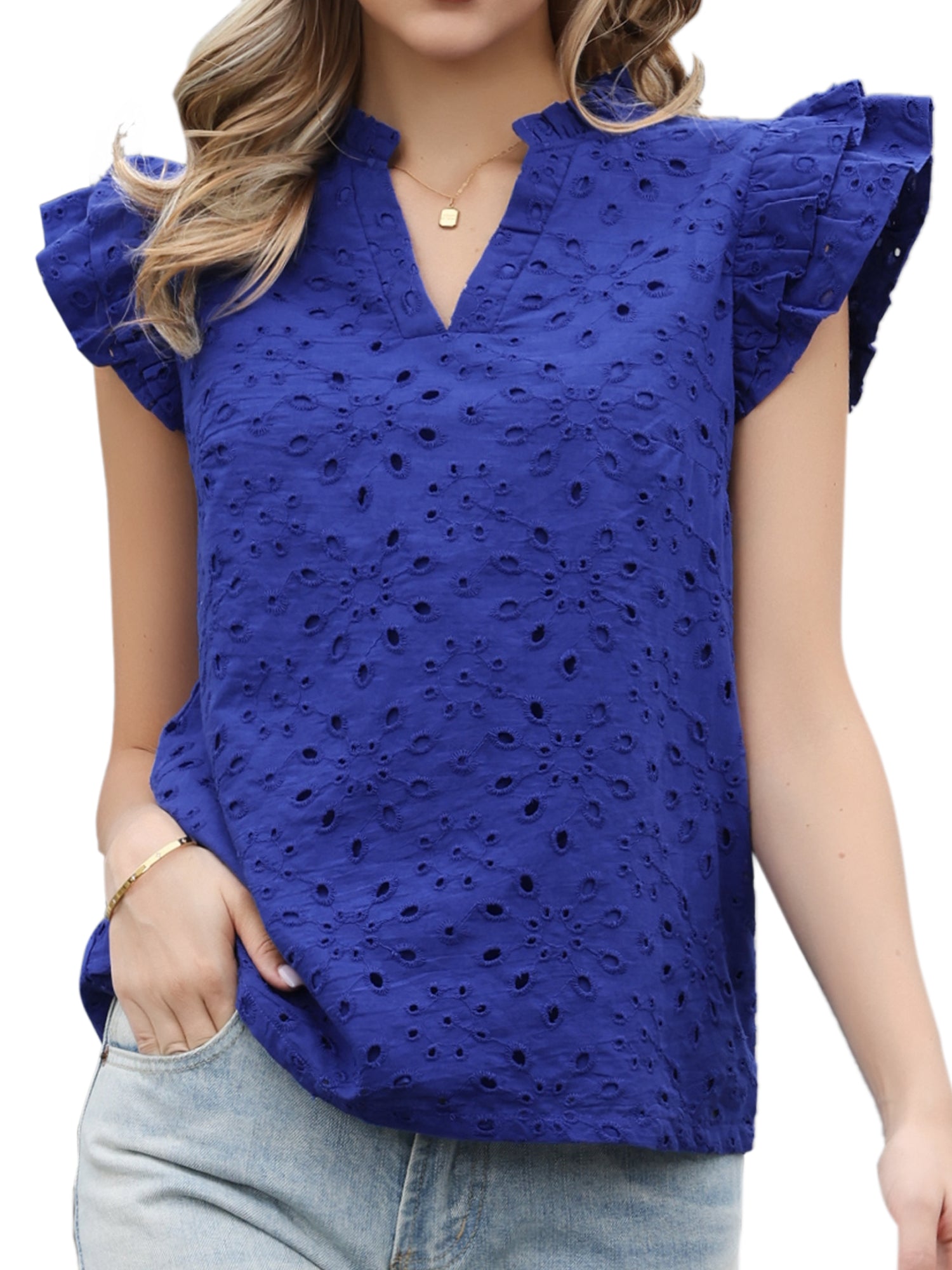 Eyelet Cotton Notch Neck Ruffle Cap Sleeve Blouse
