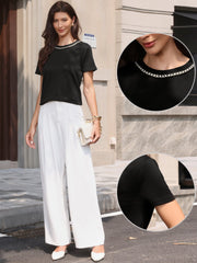 Tweed Neck Short Sleeve Summer Elegant Blouse