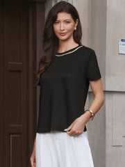 Tweed Neck Short Sleeve Summer Elegant Blouse