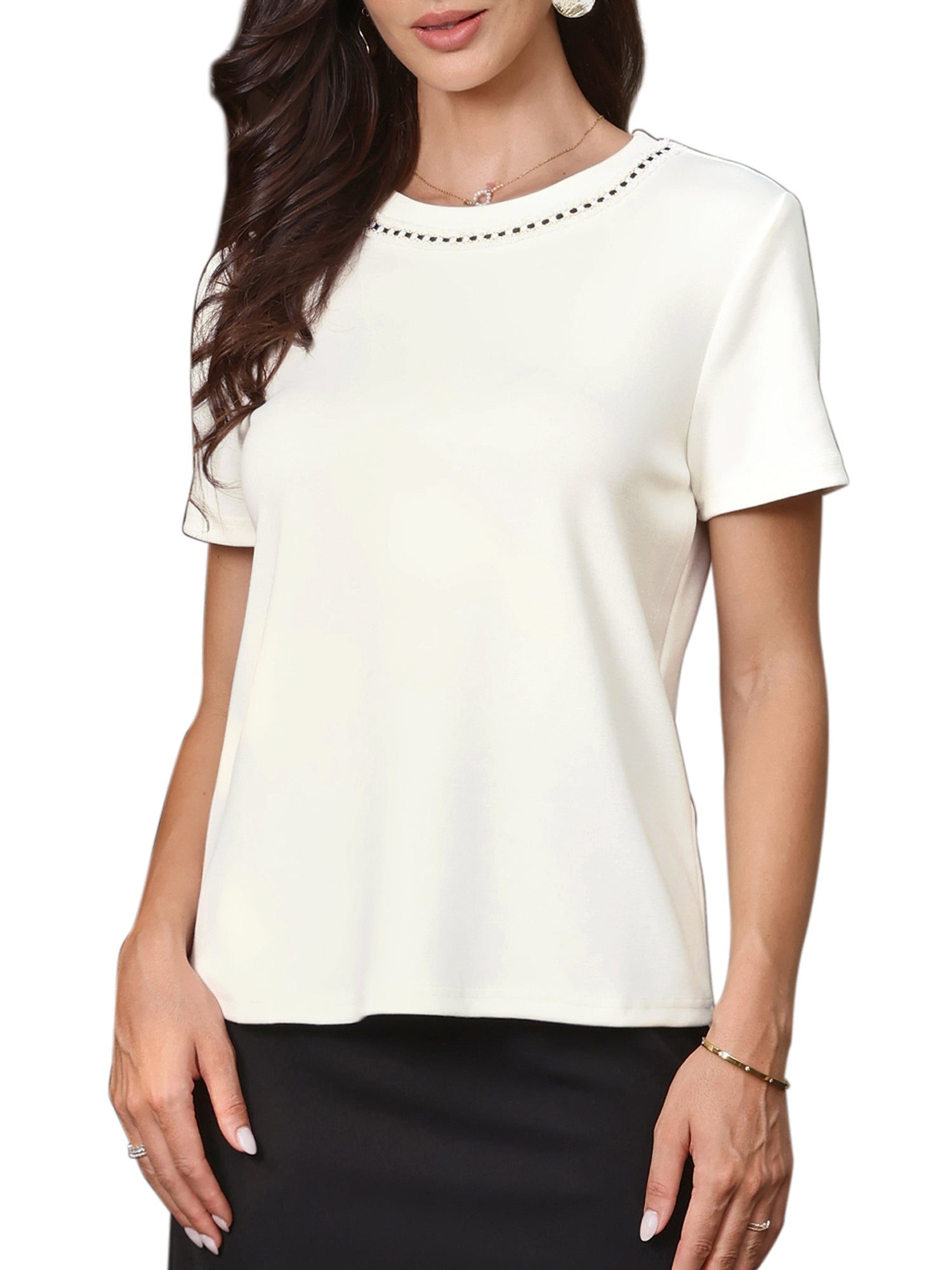 Tweed Neck Short Sleeve Summer Elegant Blouse