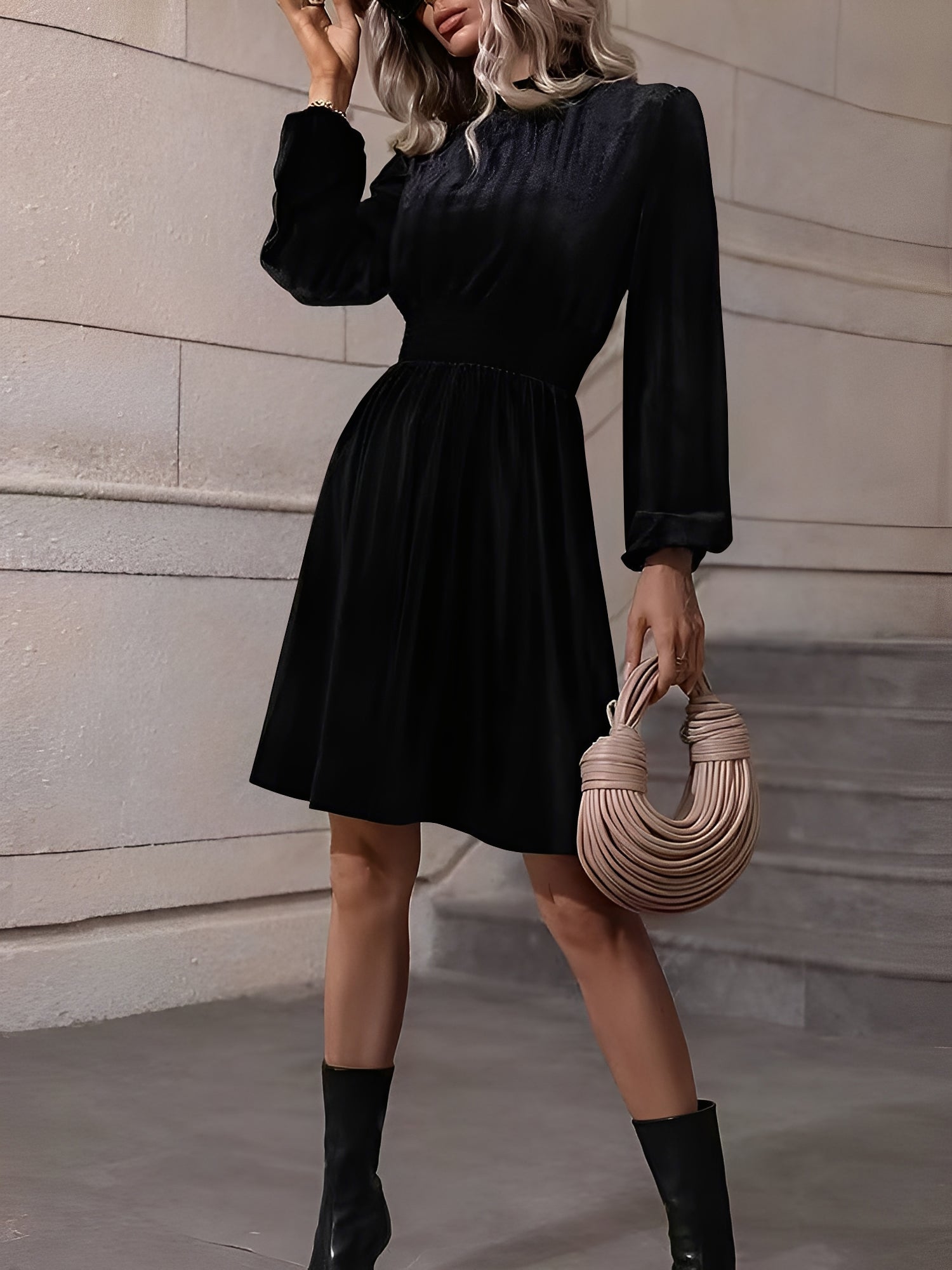 Velvet Smocked Neck Puff Long Sleeves A-Line Dress