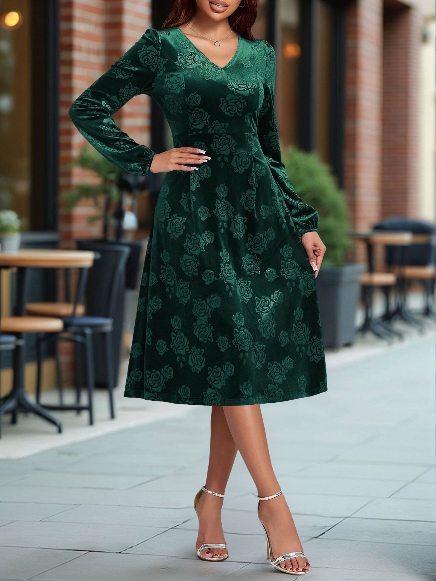 Velvet Embossed V Neck Puff Sleeves A-Line Dress