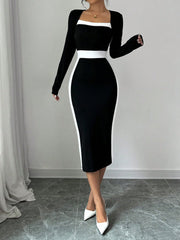 Square Neck Long Sleeves Colorblock Bodycon Dress