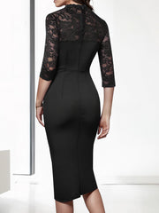 Lace Patchwork 3/4 Sleeves Midi Sheath Dress
