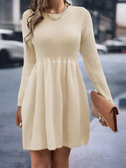 Round Neck Long Sleeves Solid Color Sweater Dress