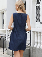 Sleeveless Boat Neck A-Line Mini Denim Dress