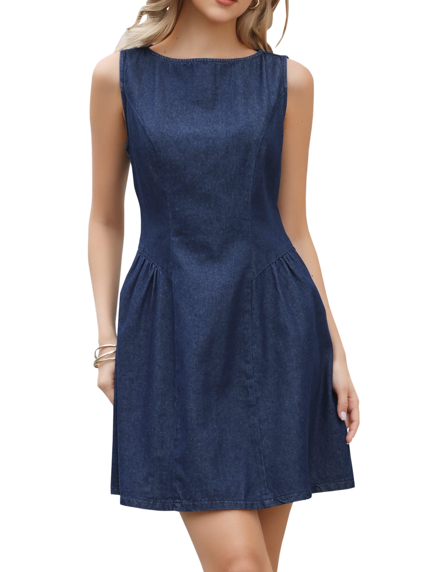 Sleeveless Boat Neck A-Line Mini Denim Dress