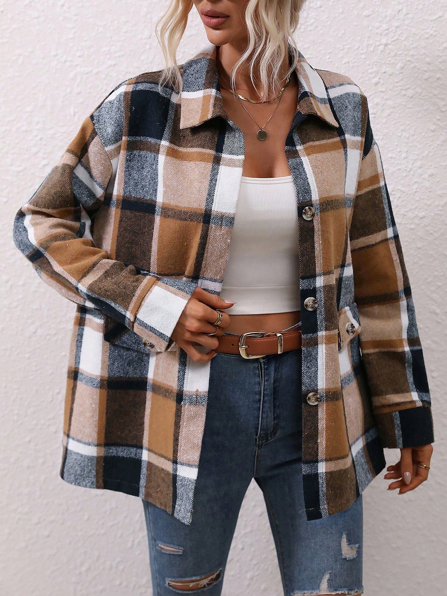 Plaid Button Down Long Sleeves Shirt Jacket Shacket