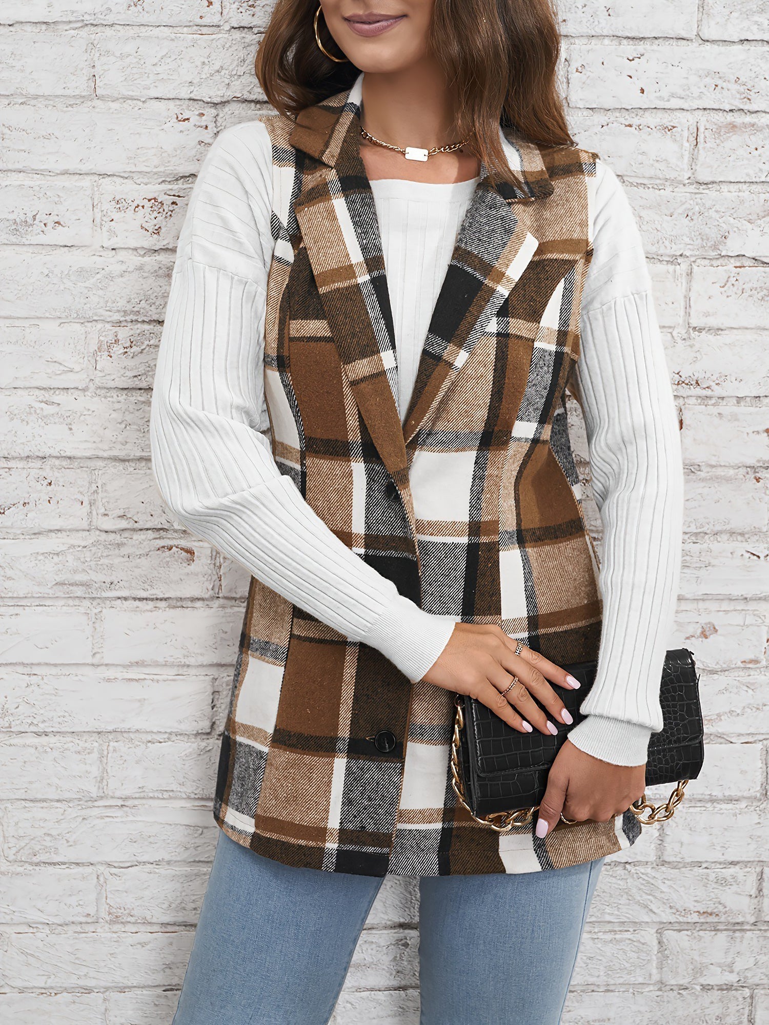 Notch Neck Button Down Sleeveless Plaid Vest