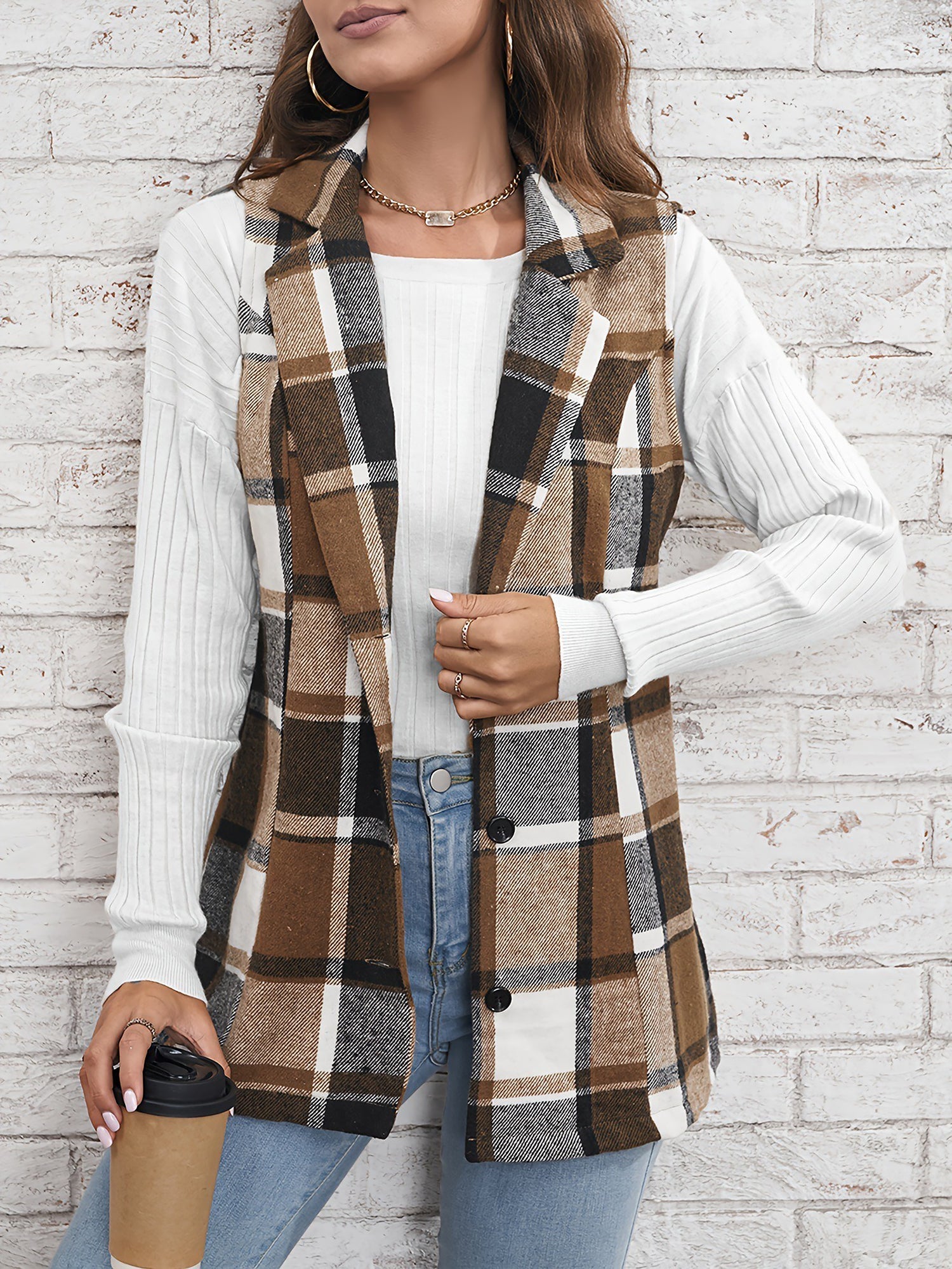 Notch Neck Button Down Sleeveless Plaid Vest