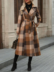 Notched Lapel Double Breasted Long Plaid Coat