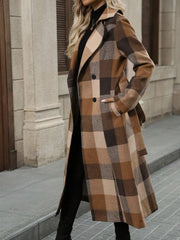 Notched Lapel Double Breasted Long Plaid Coat