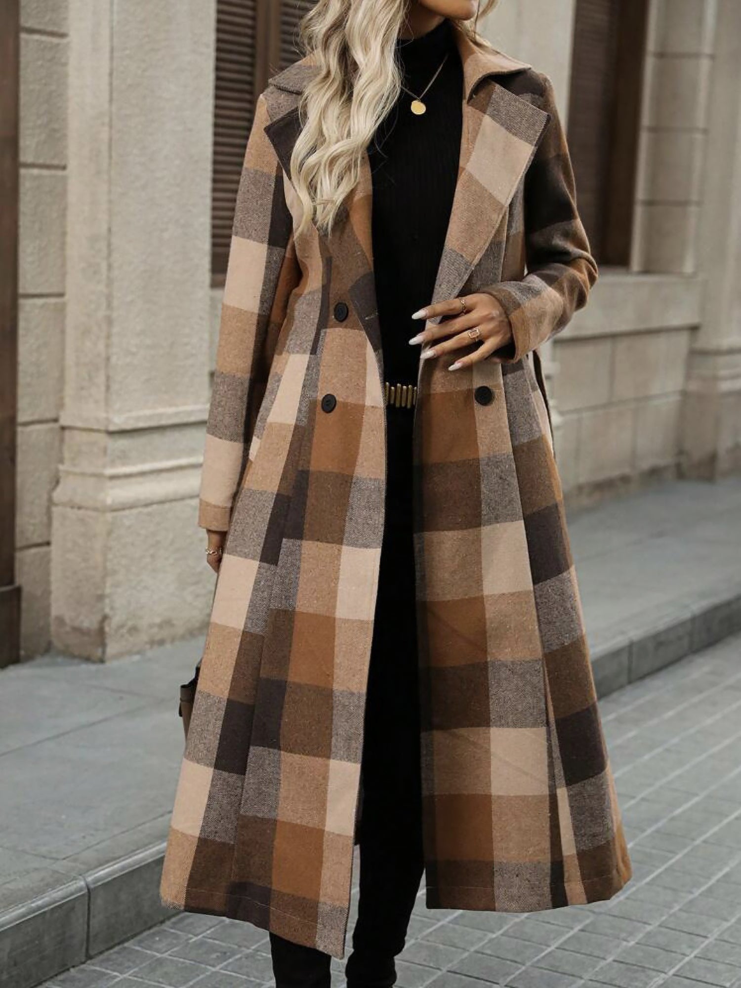 Notched Lapel Double Breasted Long Plaid Coat