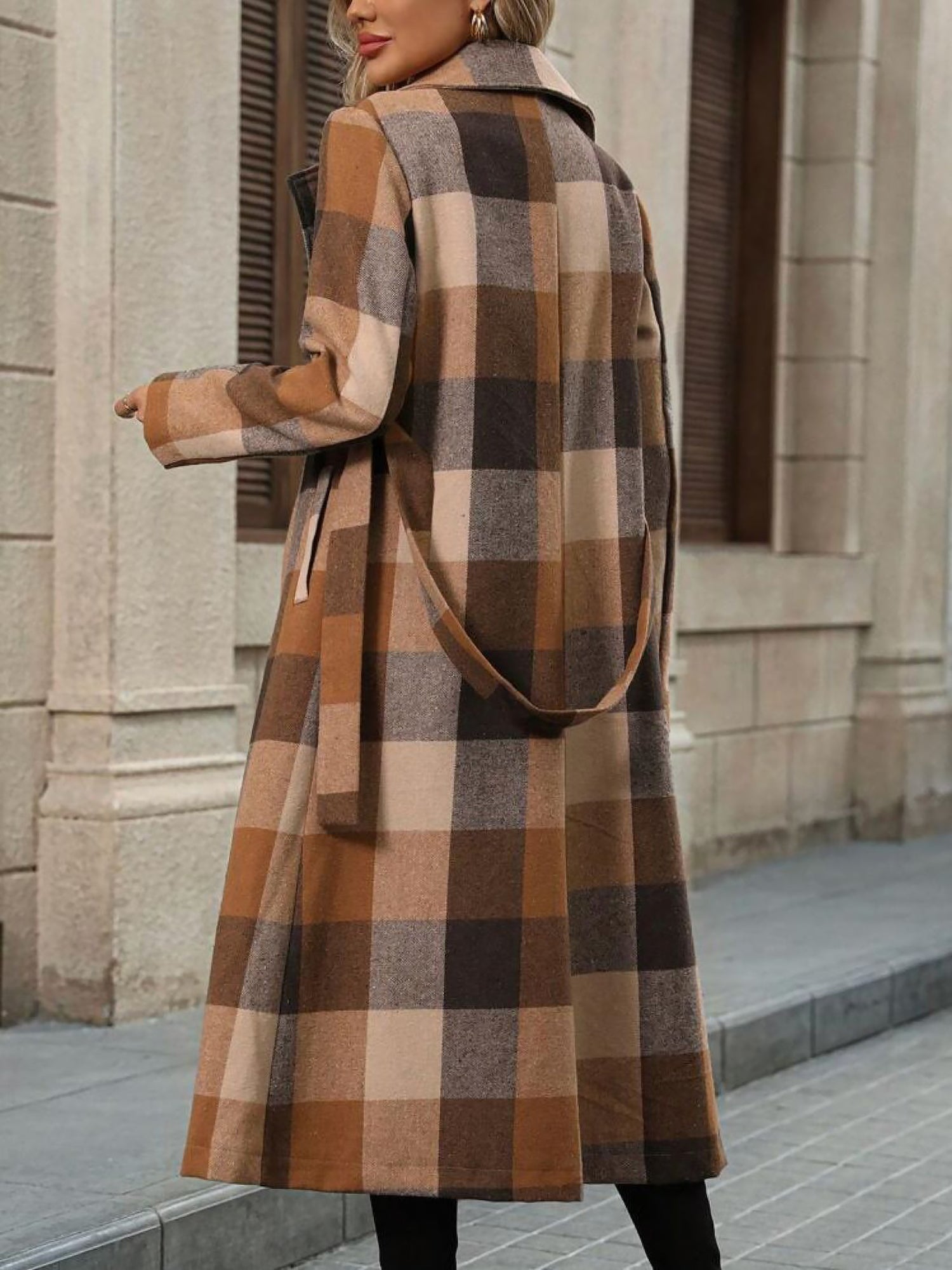 Notched Lapel Double Breasted Long Plaid Coat