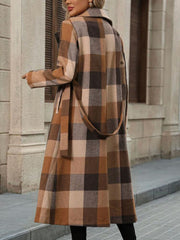 Notched Lapel Double Breasted Long Plaid Coat