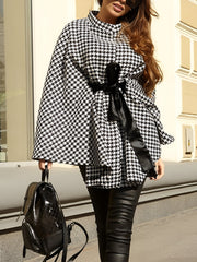 Houndstooth Mock Neck Lace-Up Cape Cloak Jacket