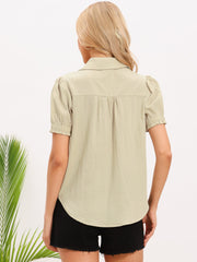 Collared Puff Short Sleeve Button Down Casual Blouse