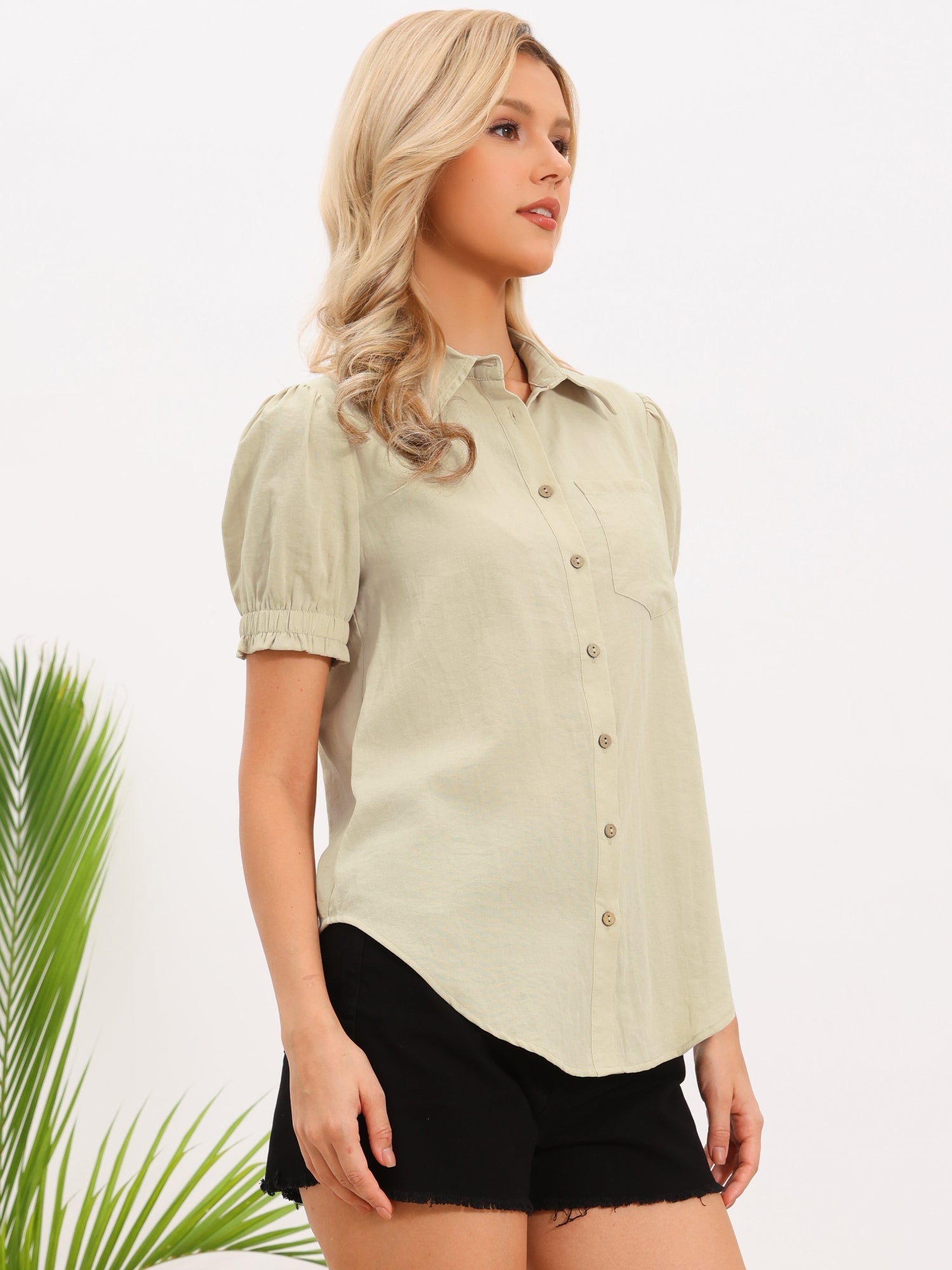 Collared Puff Short Sleeve Button Down Casual Blouse