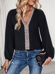 Long Sleeves Leopard Print Patchwork Blouse