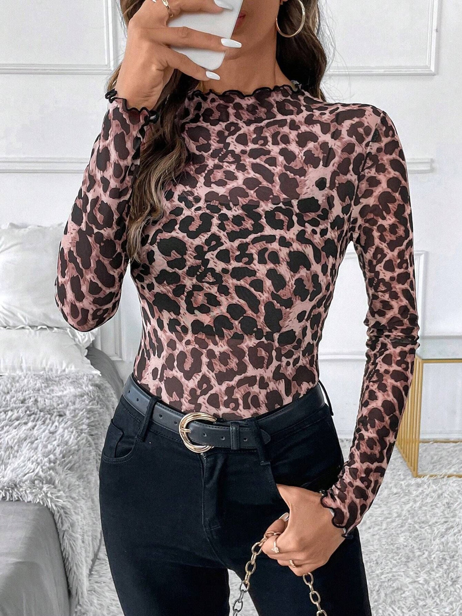 Mesh Ruffled Printed Long Sleeves Blouse
