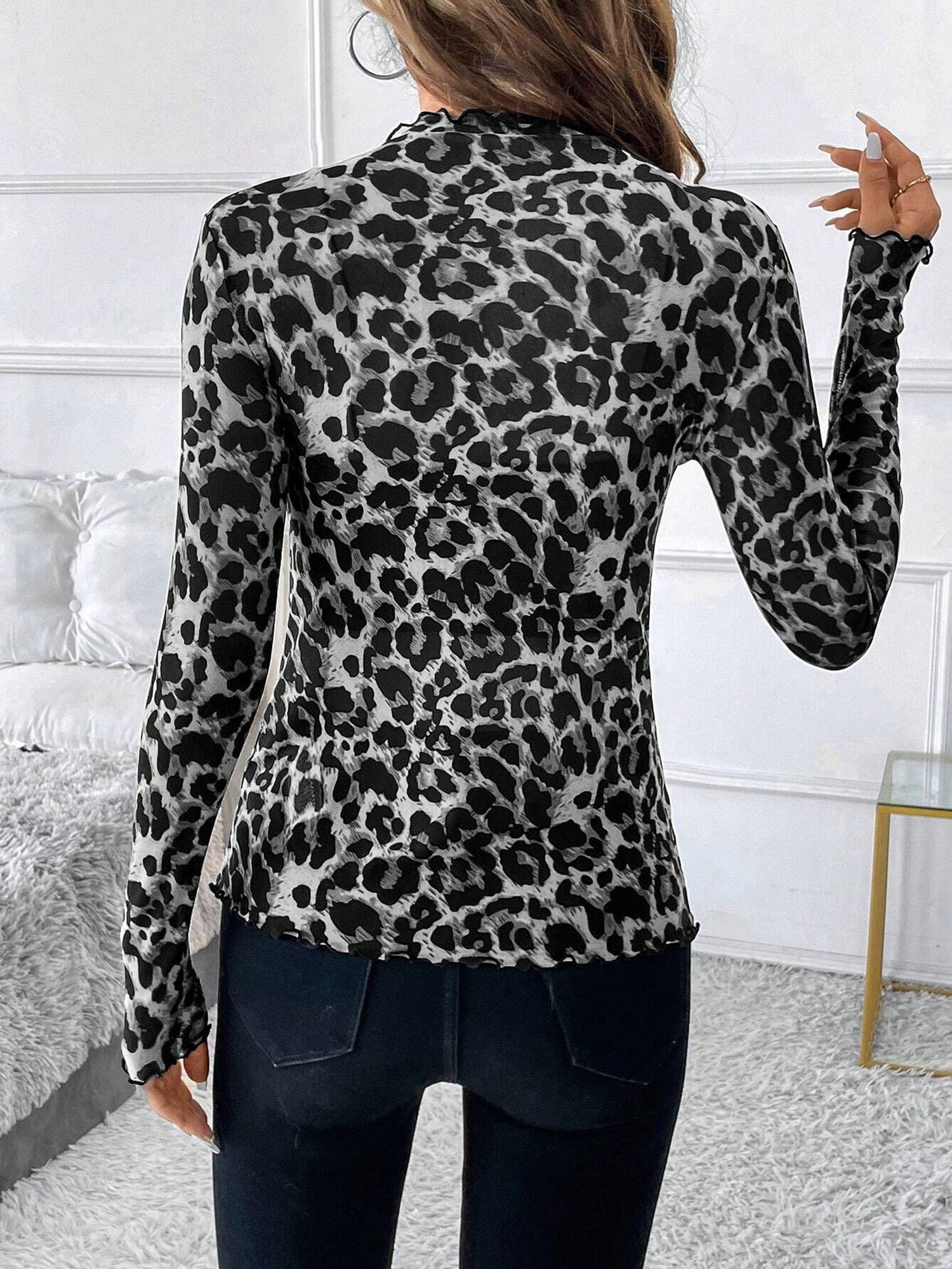 Mesh Ruffled Printed Long Sleeves Blouse