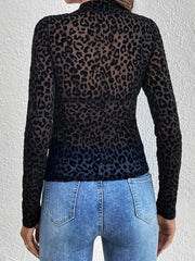Leopard Print Mesh Mock Neck Sheer Blouse