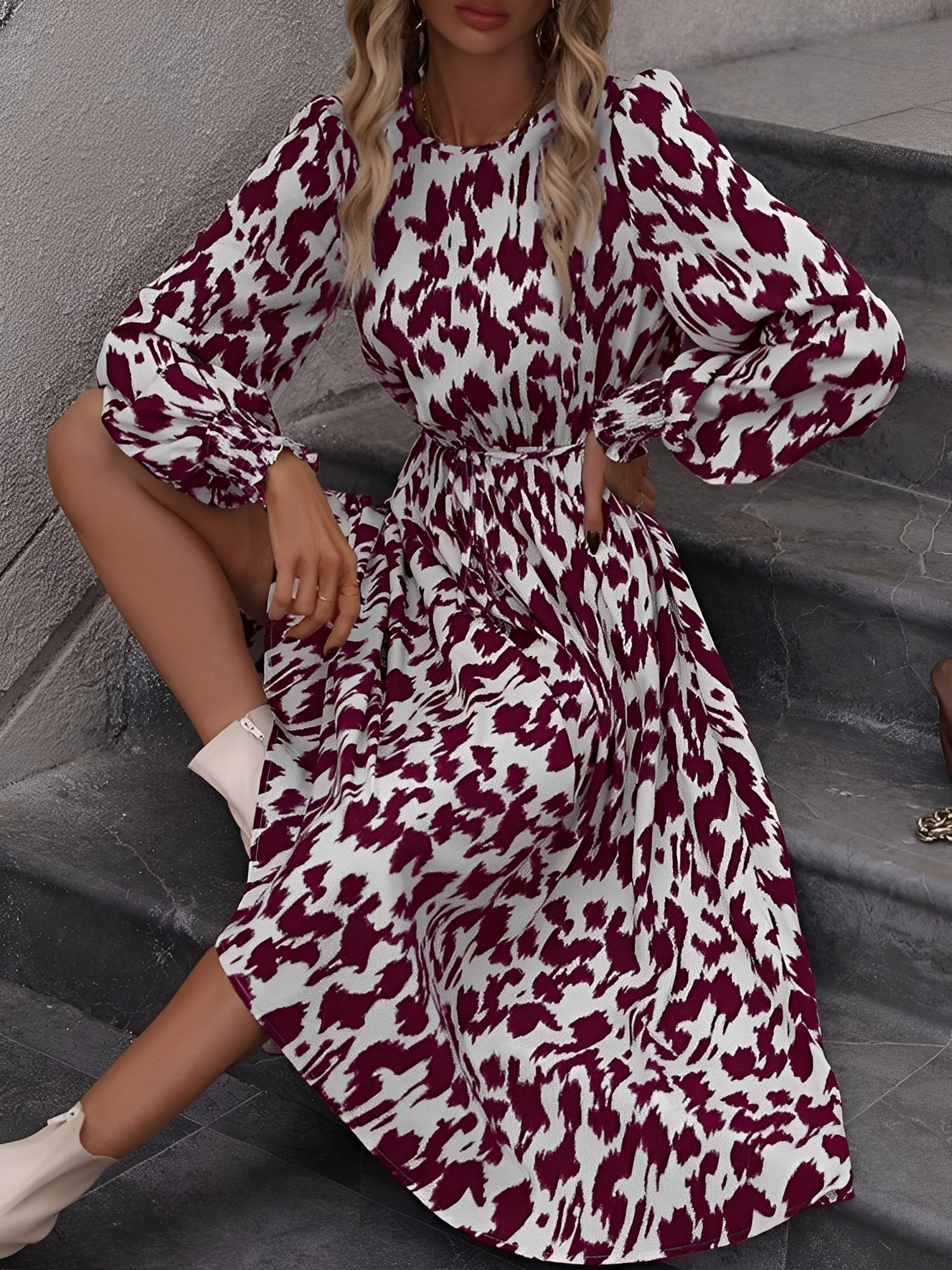 Leopard Print Tie Waist Long Sleeves A-Line Dress