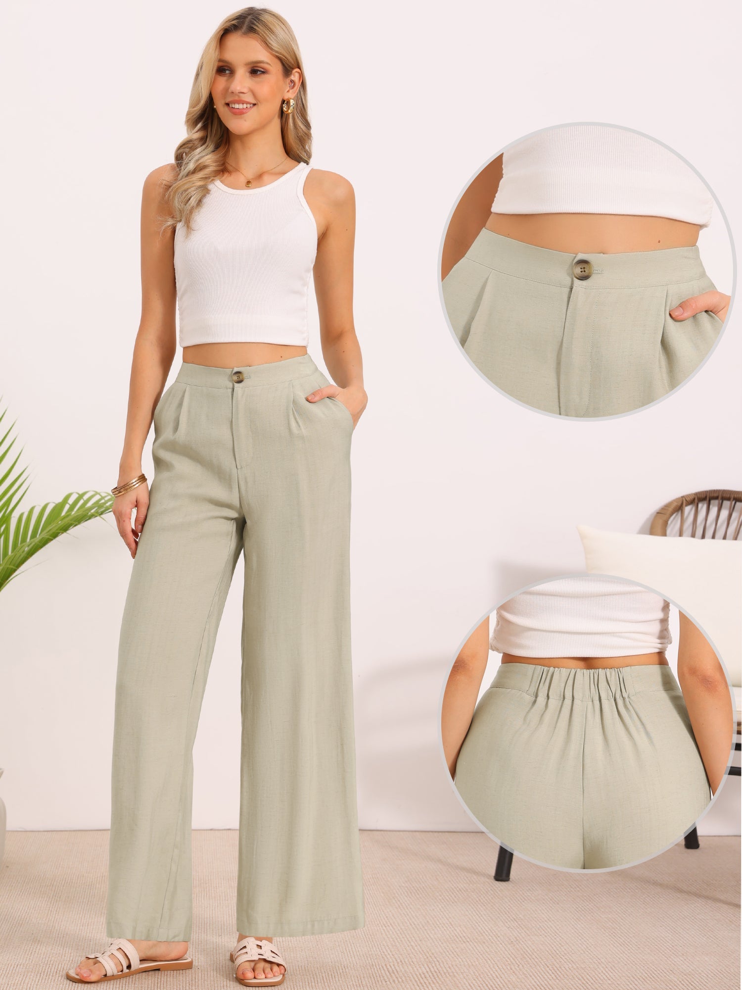 Casual Wide Leg Elastic Waist One Button Pocketed Pants