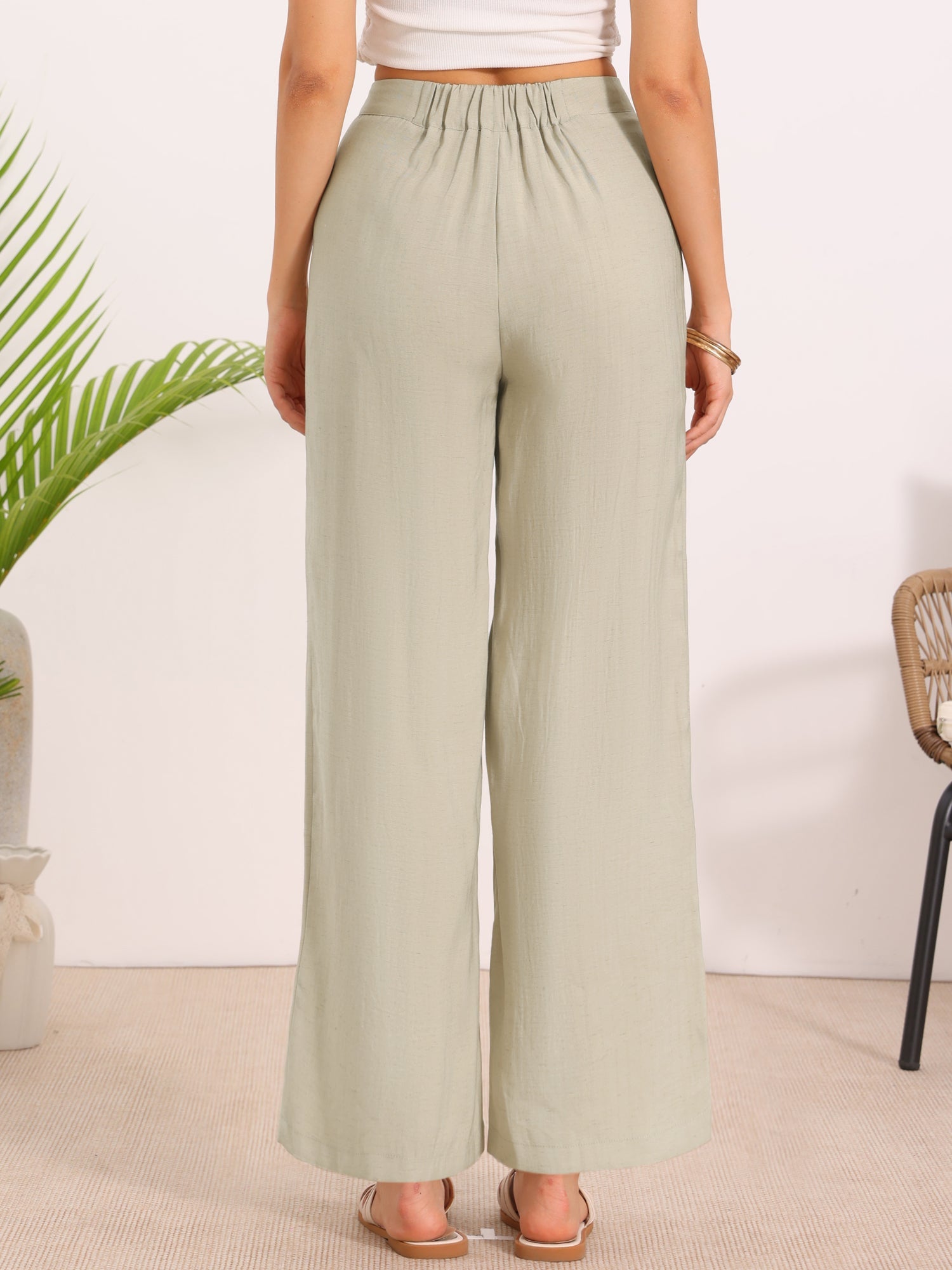 Casual Wide Leg Elastic Waist One Button Pocketed Pants