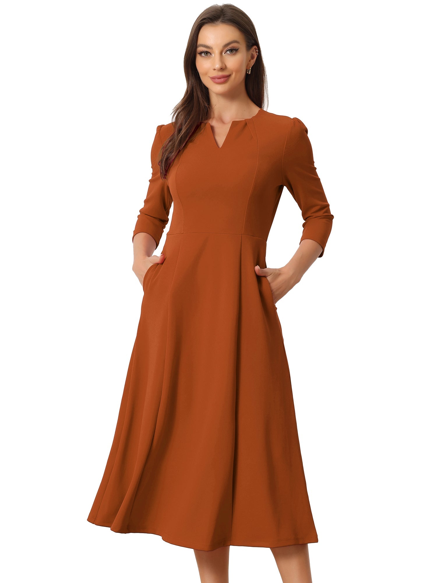Notch Neck 3/4 Sleeve Pocketed Solid A-Line Work Dress