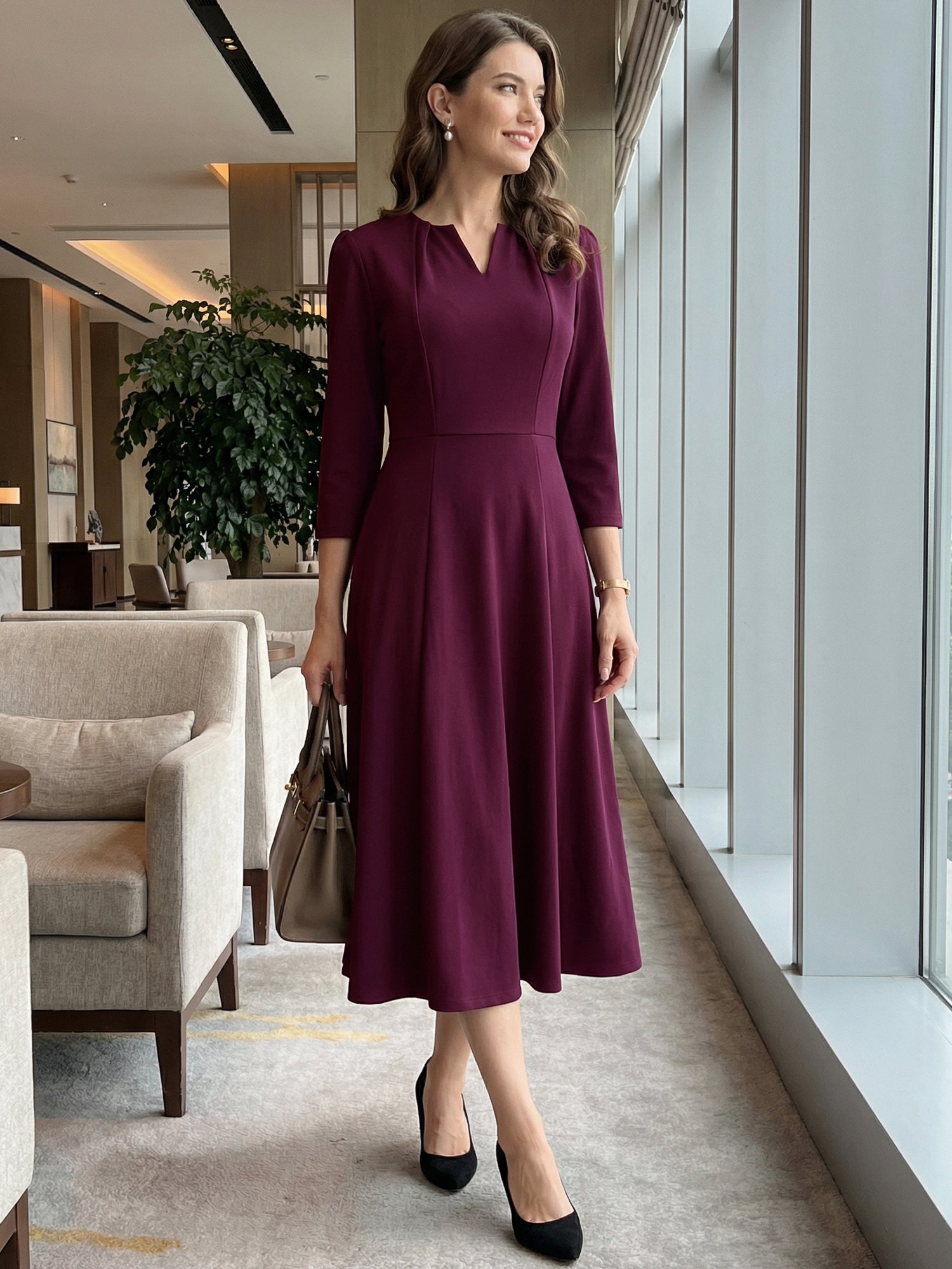 Notch Neck 3/4 Sleeve Pocketed Solid A-Line Work Dress