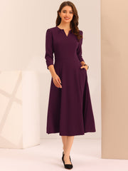 Notch Neck 3/4 Sleeve Pocketed Solid A-Line Work Dress