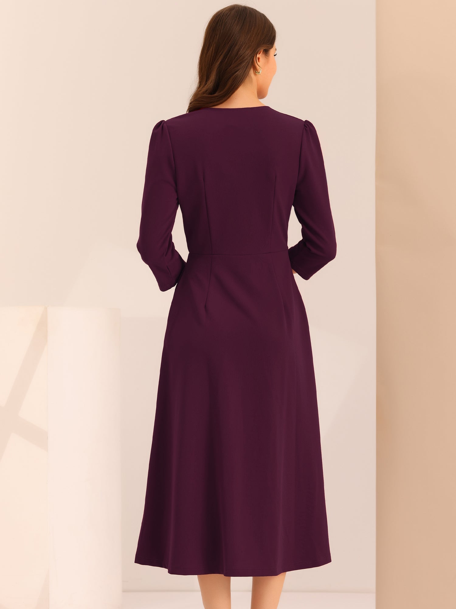 Notch Neck 3/4 Sleeve Pocketed Solid A-Line Work Dress