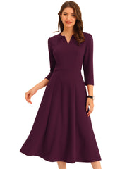 Notch Neck 3/4 Sleeve Pocketed Solid A-Line Work Dress