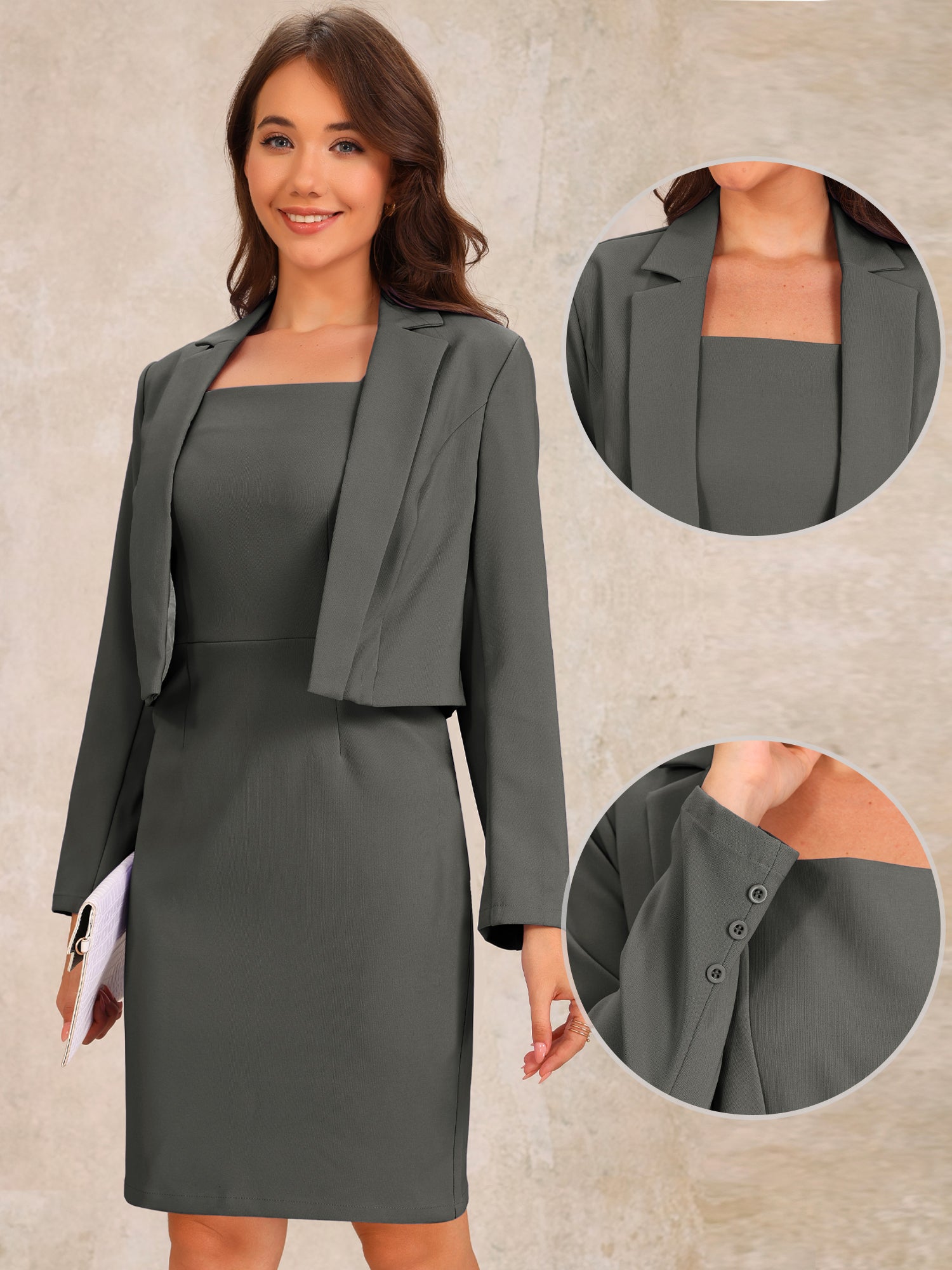 2 Pieces Sleeveless Sheath Midi Dress & Long Sleeve Cropped Blazer Suit Set