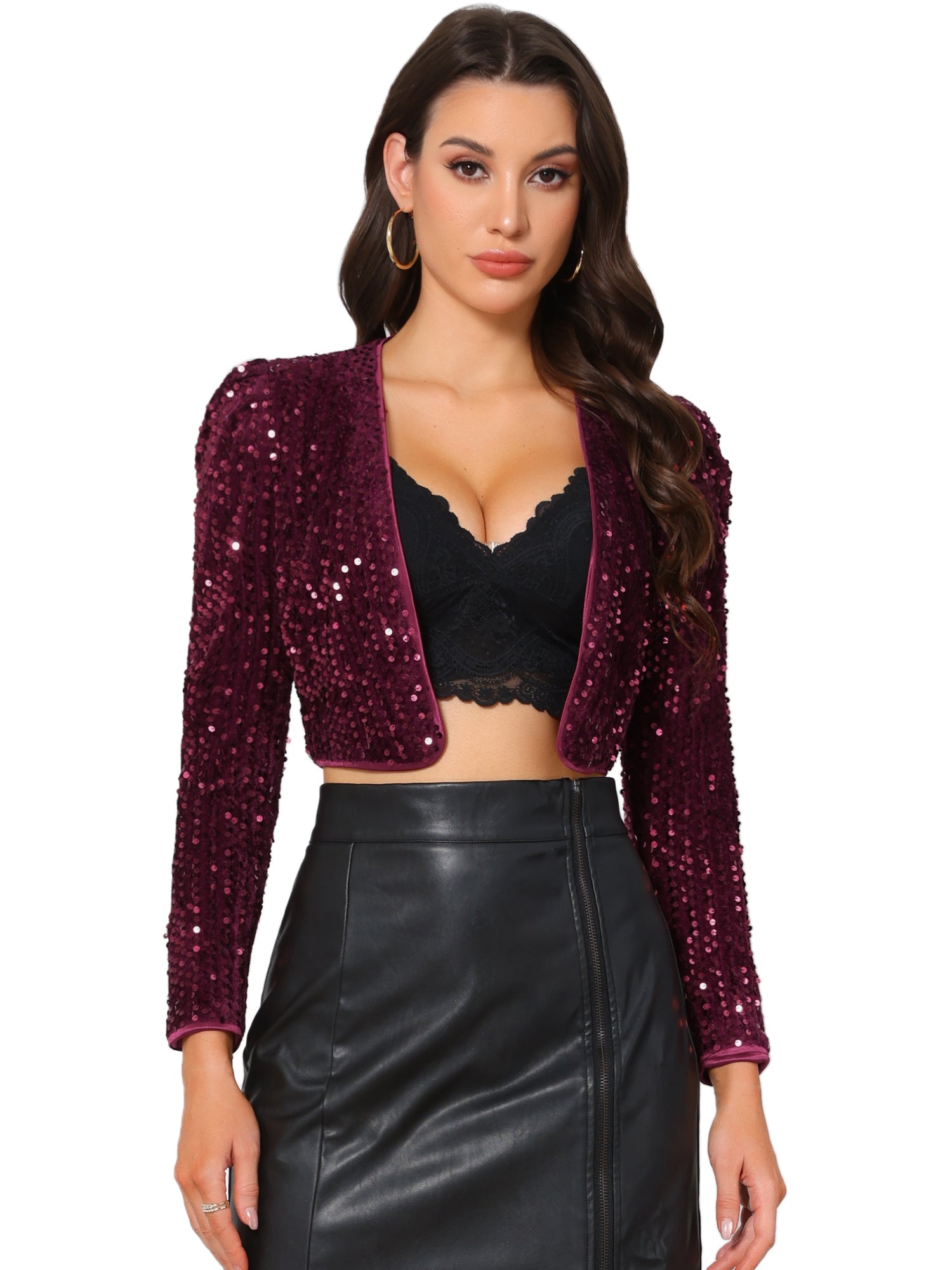 Sequin Shrug Open Front Collarless Sparkly Crop Blazer Jacket