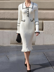 Contrast Color Long Sleeves Bodycon Ruffled Dress