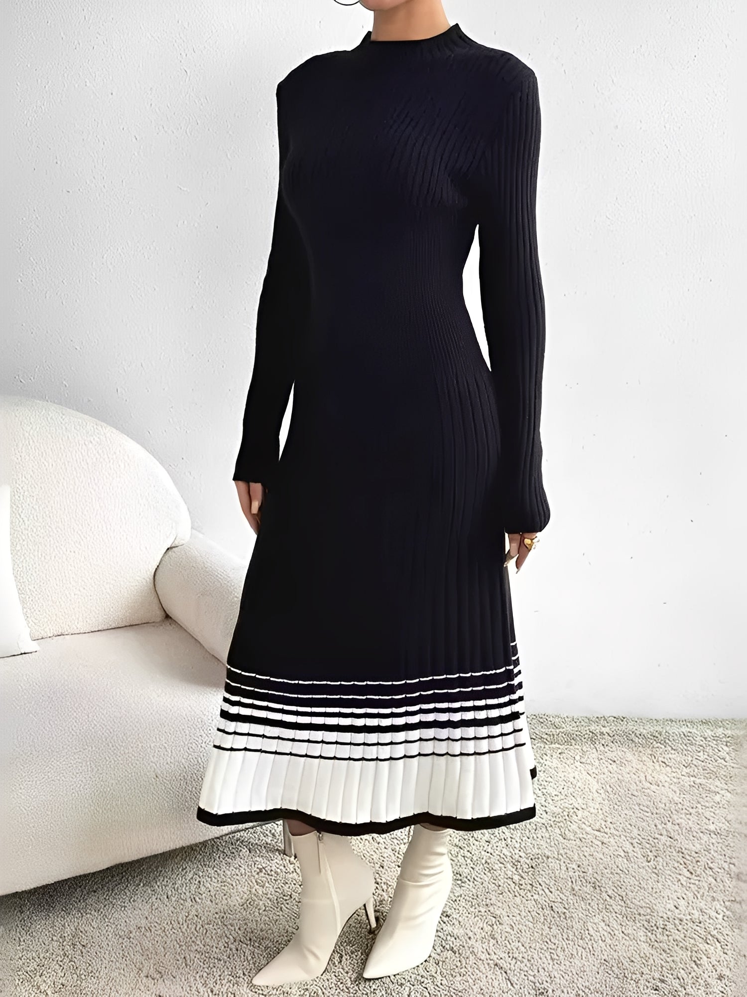 Round Neck Long Sleeves Colorblock Knitted Sweater Dress