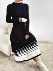 Round Neck Long Sleeves Colorblock Knitted Sweater Dress