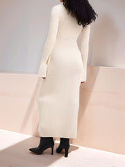 Lapel V Neck Long Sleeves Knitted Maxi Sweater Dress