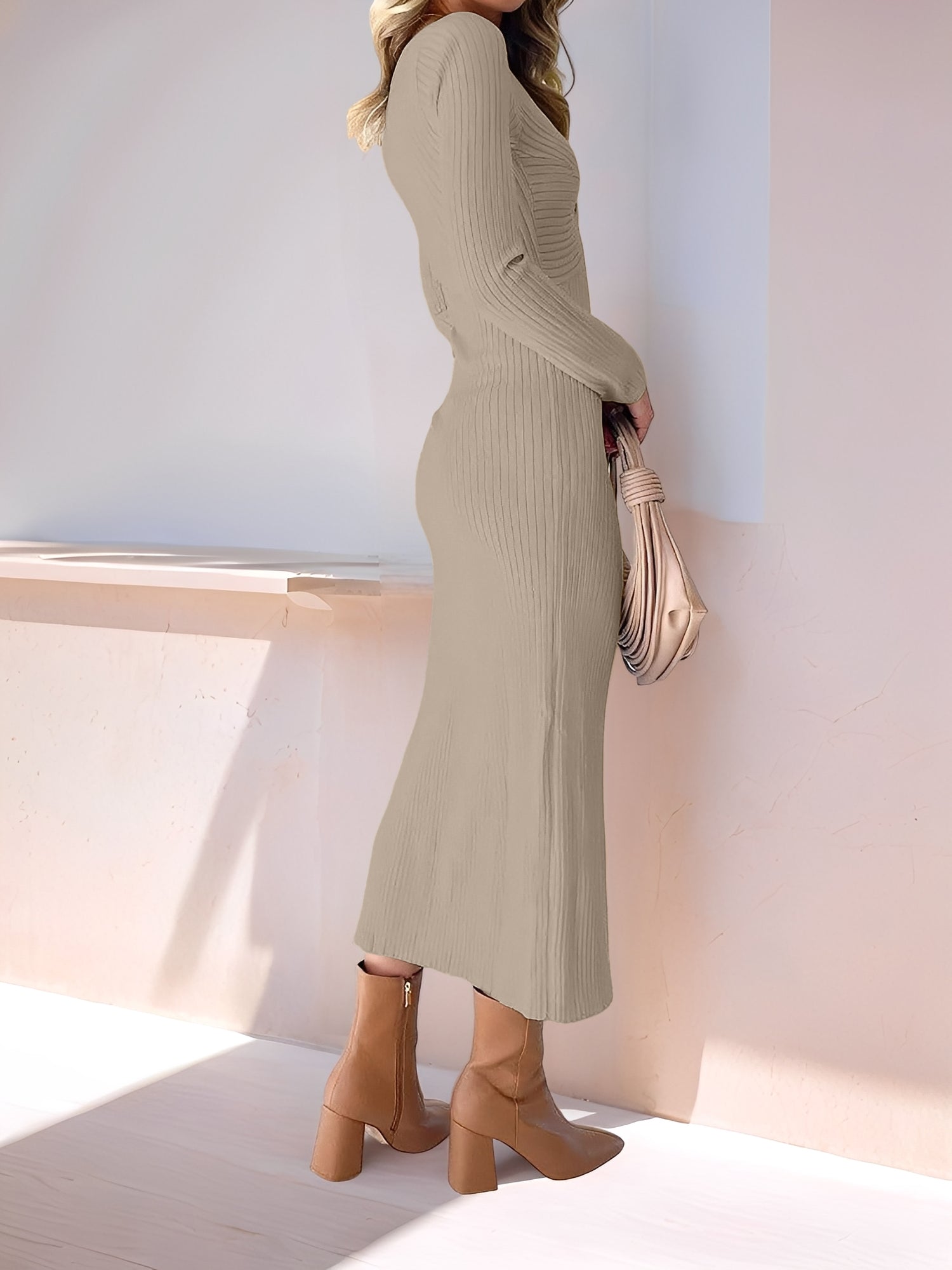 Ruched V Neck Long Sleeve Bodycon Sweater Dress